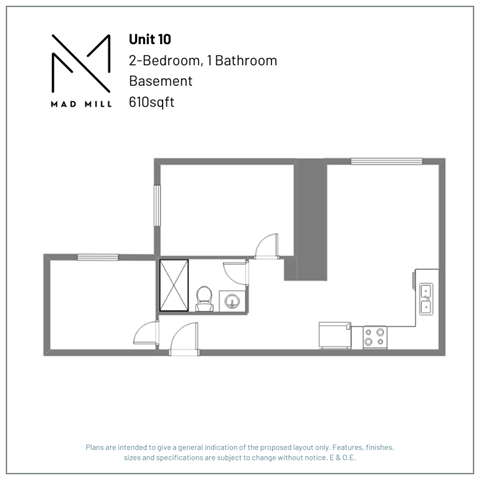 Floor plan for 2 beds, 1 bath, 645 sqft